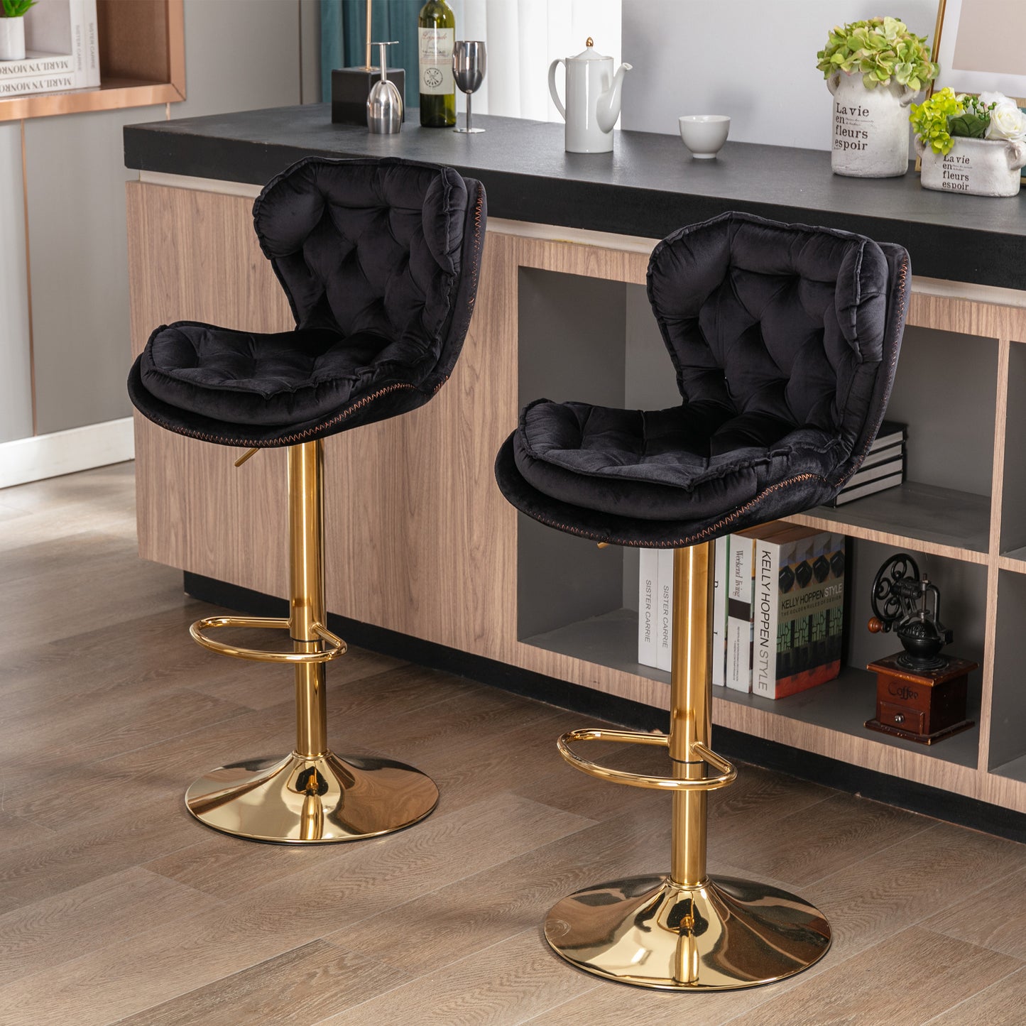 Set of 2  Bar Stools,with Chrome Footrest and Base Swivel Height Adjustable Mechanical Lifting Velvet + Golden Leg Simple Bar Stool-black