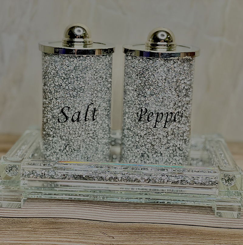 Ambrose Exquisite Salt & Pepper Canisters With Tray In Crushed Diamond Glass In Gift Box - Silver