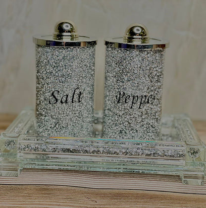 Ambrose Exquisite Salt & Pepper Canisters With Tray In Crushed Diamond Glass In Gift Box - Silver