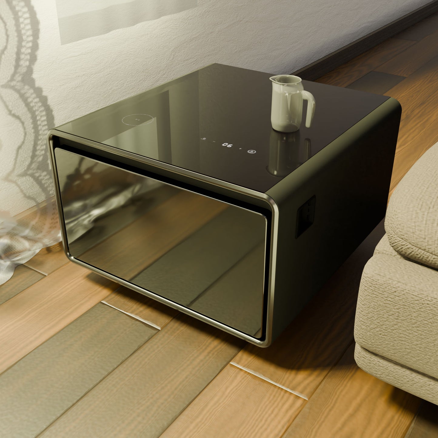 Modern Smart Side Table With Built-In Fridge, Wireless Charging, Temperature Control, Power Socket, USB Ports, Outlet Protection, Induction Light