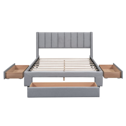 Queen Size Upholstered Platform Bed with One Large Drawer in the Footboard and Drawer on Each Side,Gray