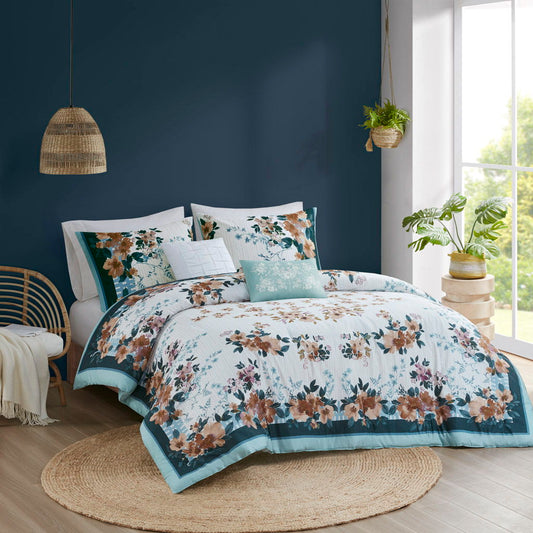 5 Piece Cotton Floral Comforter Set With Throw Pillows, Teal