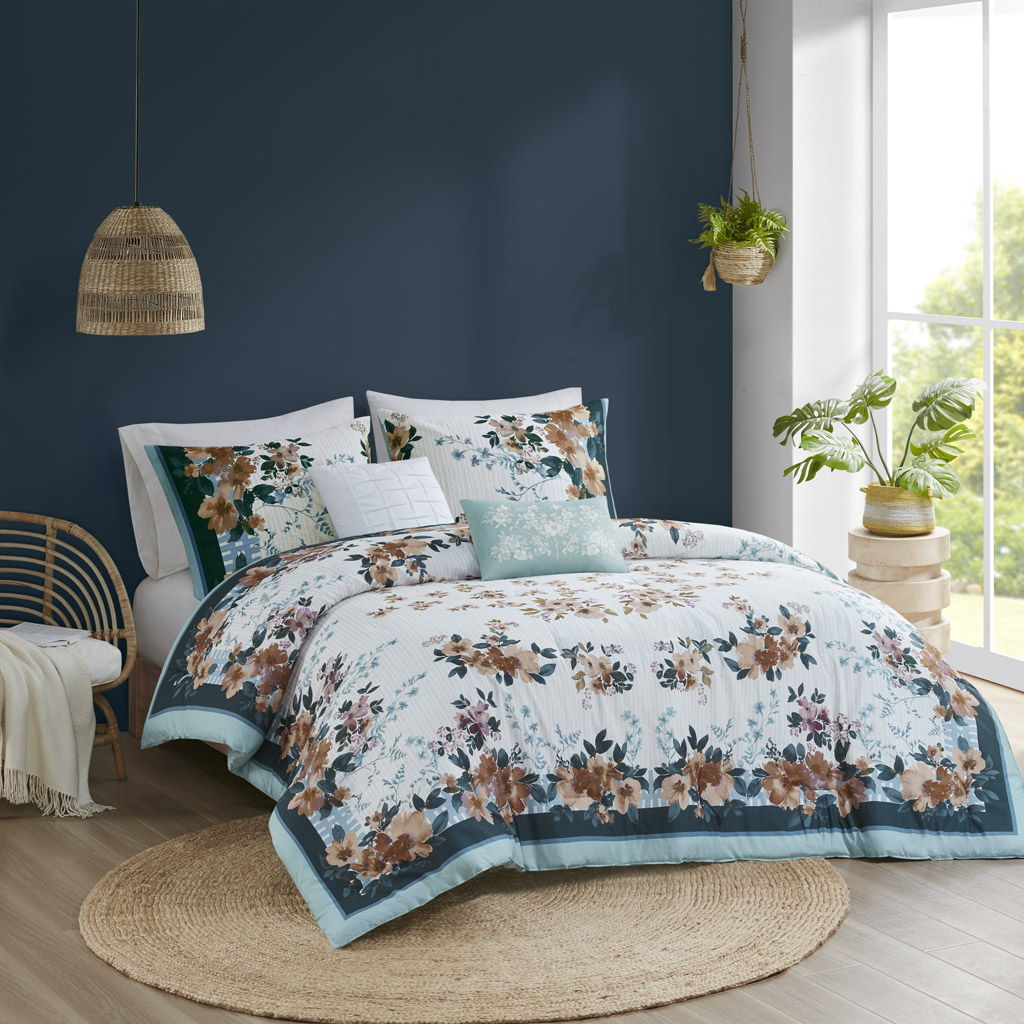 5 Piece Cotton Floral Comforter Set With Throw Pillows - Teal