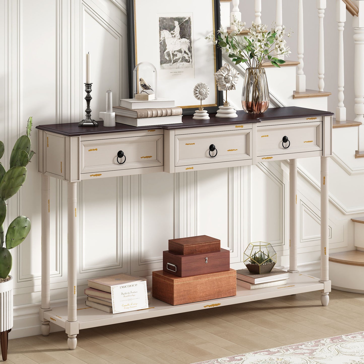 Console Table Sofa Table With Drawers For Entryway With Projecting Drawers And Long Shelf