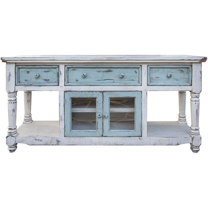 Open Shelving Distressed TV Stand - Blue / White