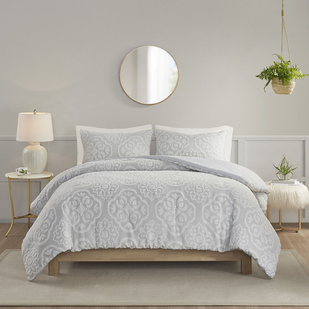 3 Piece Tufted Woven Medallion Duvet Cover Set - Grey / White