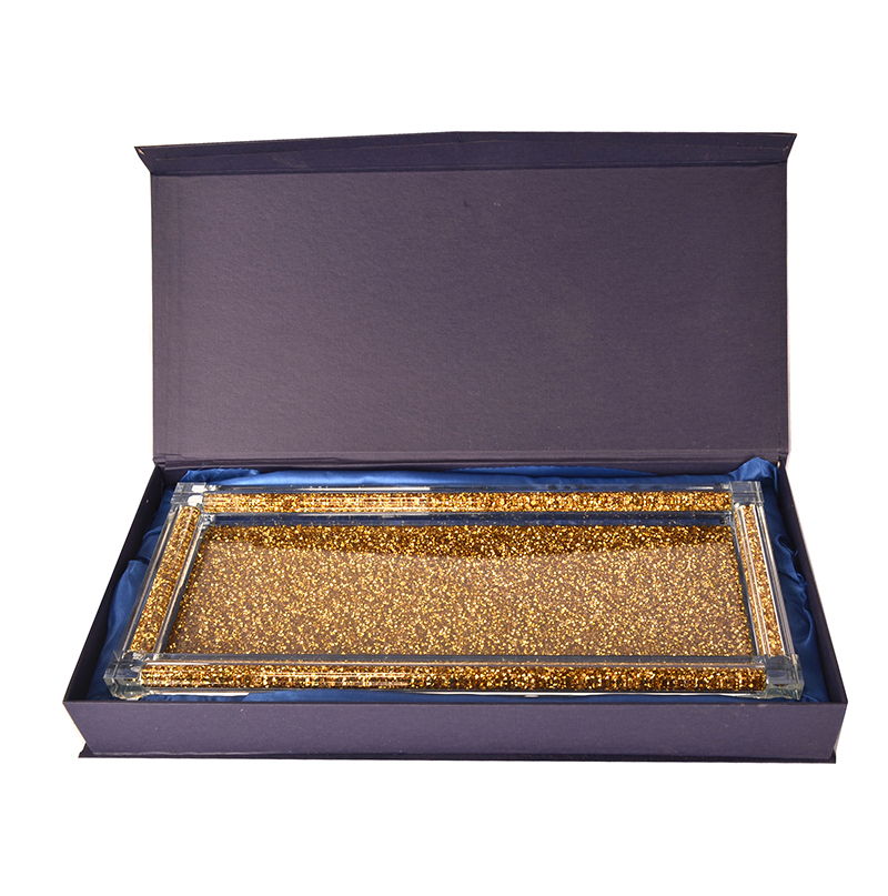 Ambrose Exquisite Salt & Pepper Canisters With Tray In Crushed Diamond Glass In Gift Box - Gold