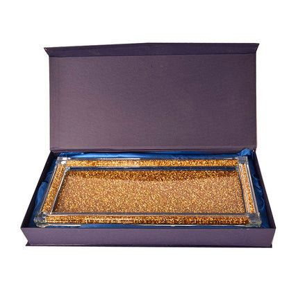 Ambrose Exquisite Salt & Pepper Canisters With Tray In Crushed Diamond Glass In Gift Box - Gold