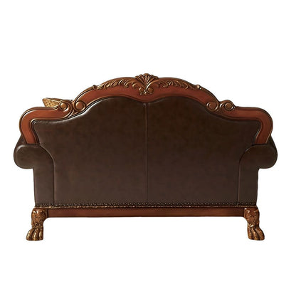 Chenille Faux Leather And Cherry Oak Love Seat - Brown