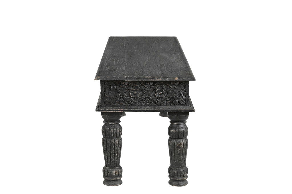 Distressed And Carved Solid Wood Dining Bench - Black