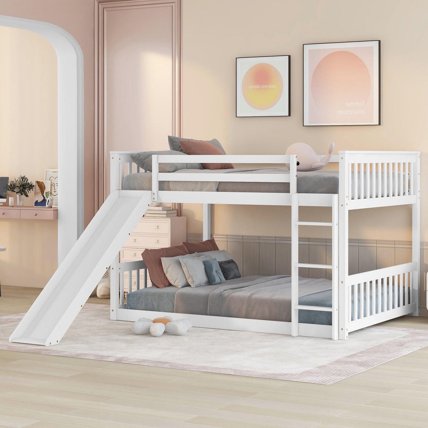 Full over Full Bunk Bed with Slide and Ladder in White Color