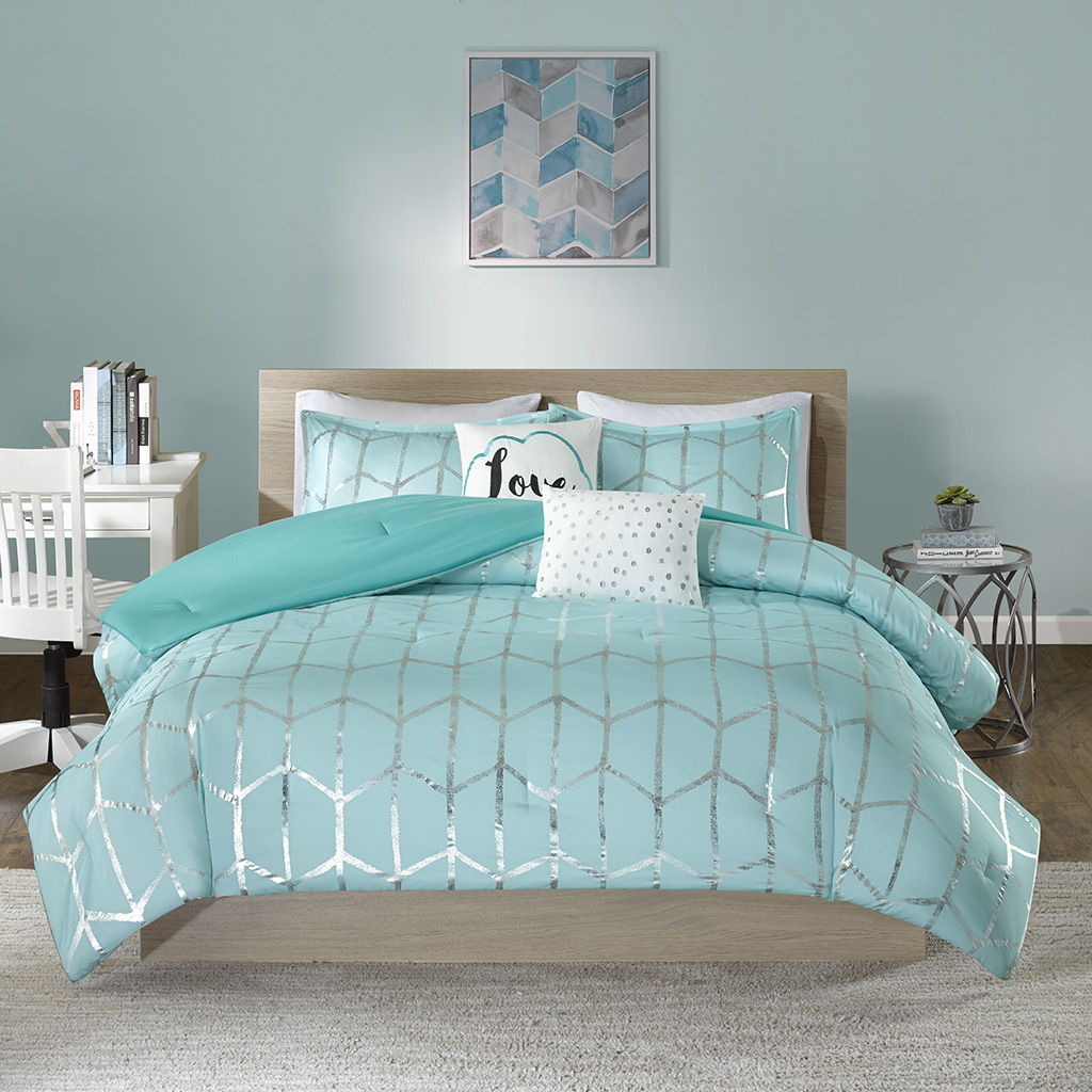 Raina Twin Long Metallic Printed Comforter Set - Blue