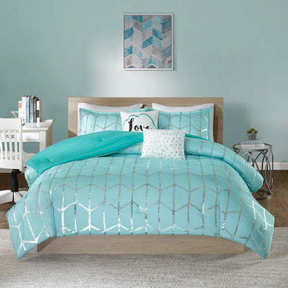 Raina Twin Long Metallic Printed Comforter Set - Blue