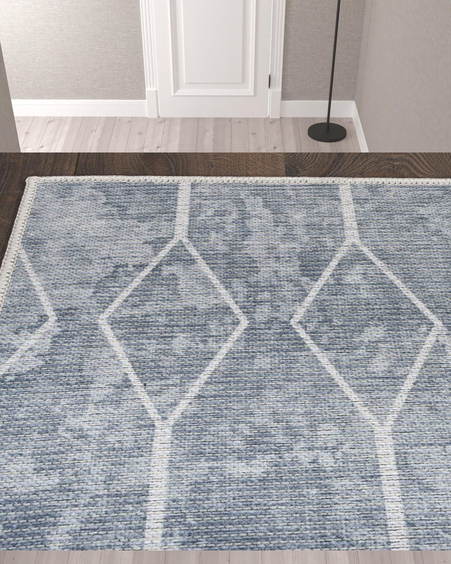 10' Geometric Power Loom Washable Runner Rug - Blue And Gray