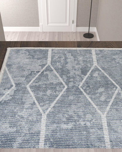 10' Geometric Power Loom Washable Runner Rug - Blue And Gray