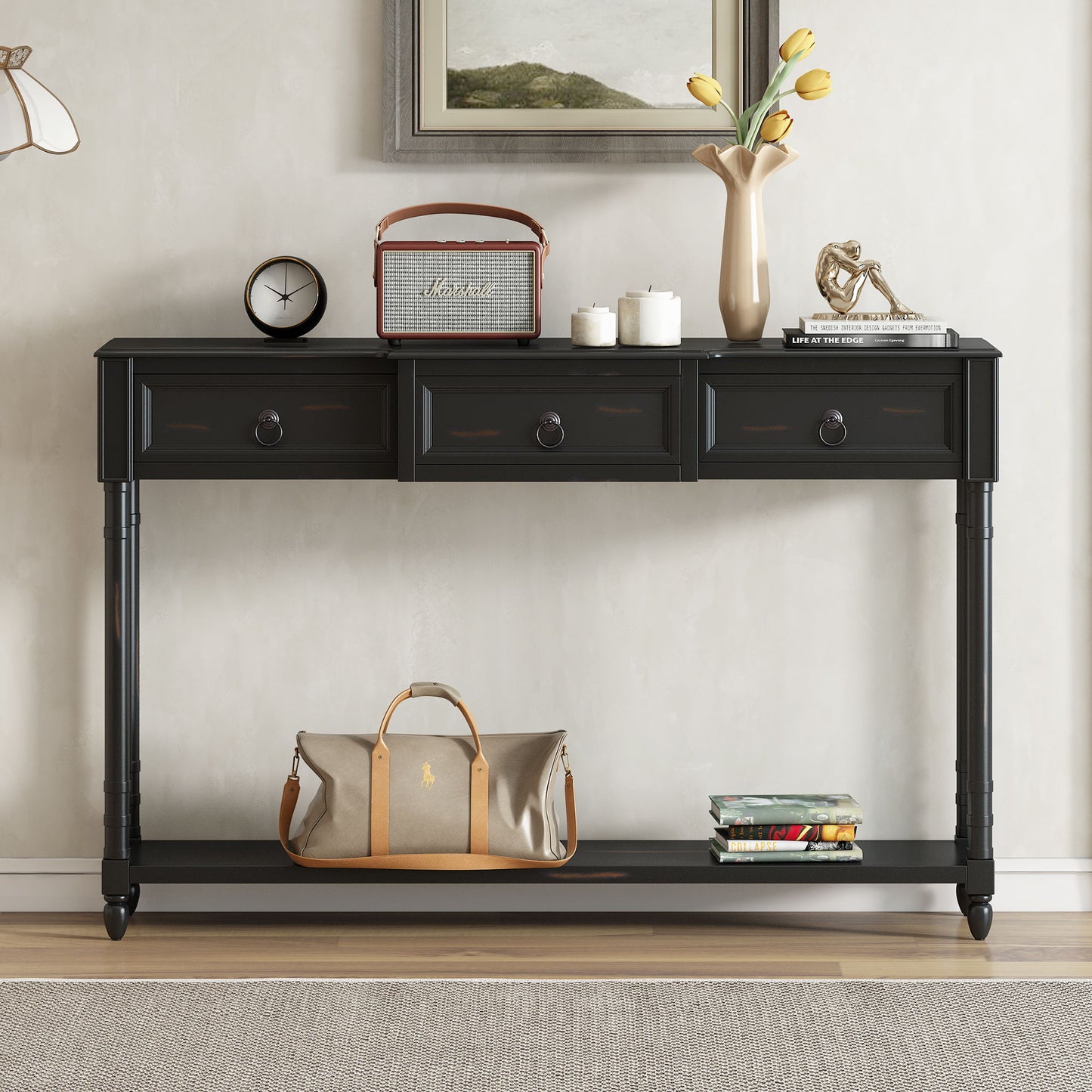 Console Table Sofa Table With Drawers For Entryway With Projecting Drawers And Long Shelf