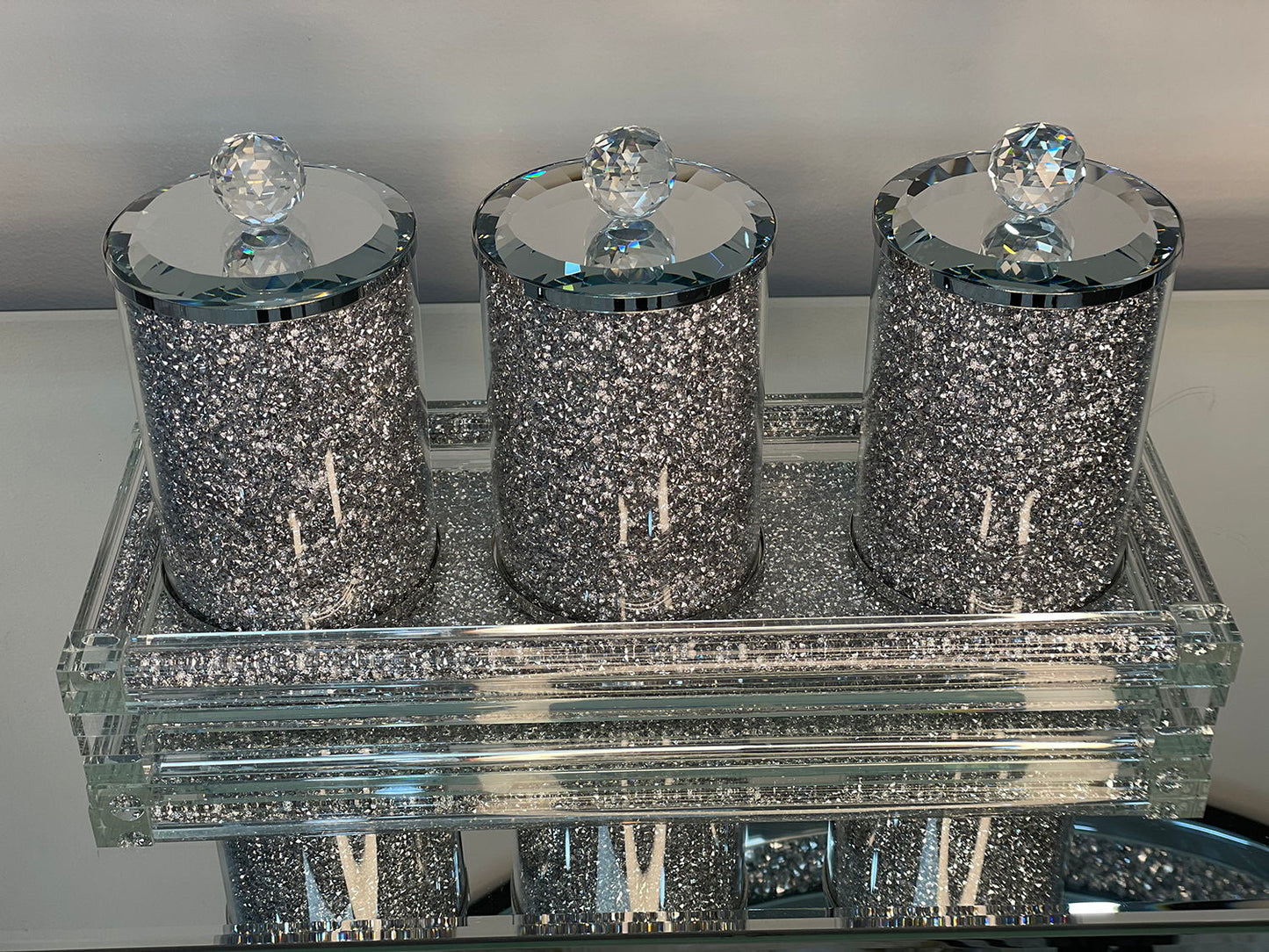 Ambrose Exquisite Three Glass Canister With Tray In Gift Box - Silver