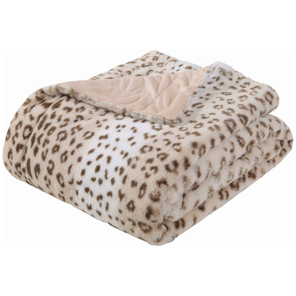 Printed Faux Rabbit Fur Throw, Lightweight Plush Cozy Soft Blanket, 50" X 60", Sand Leopard