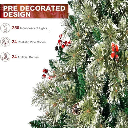 6.5Ft Pre - Lit Christmas Tree, Hinged Artificial Tree With 600Branch Tips, 200 Lights