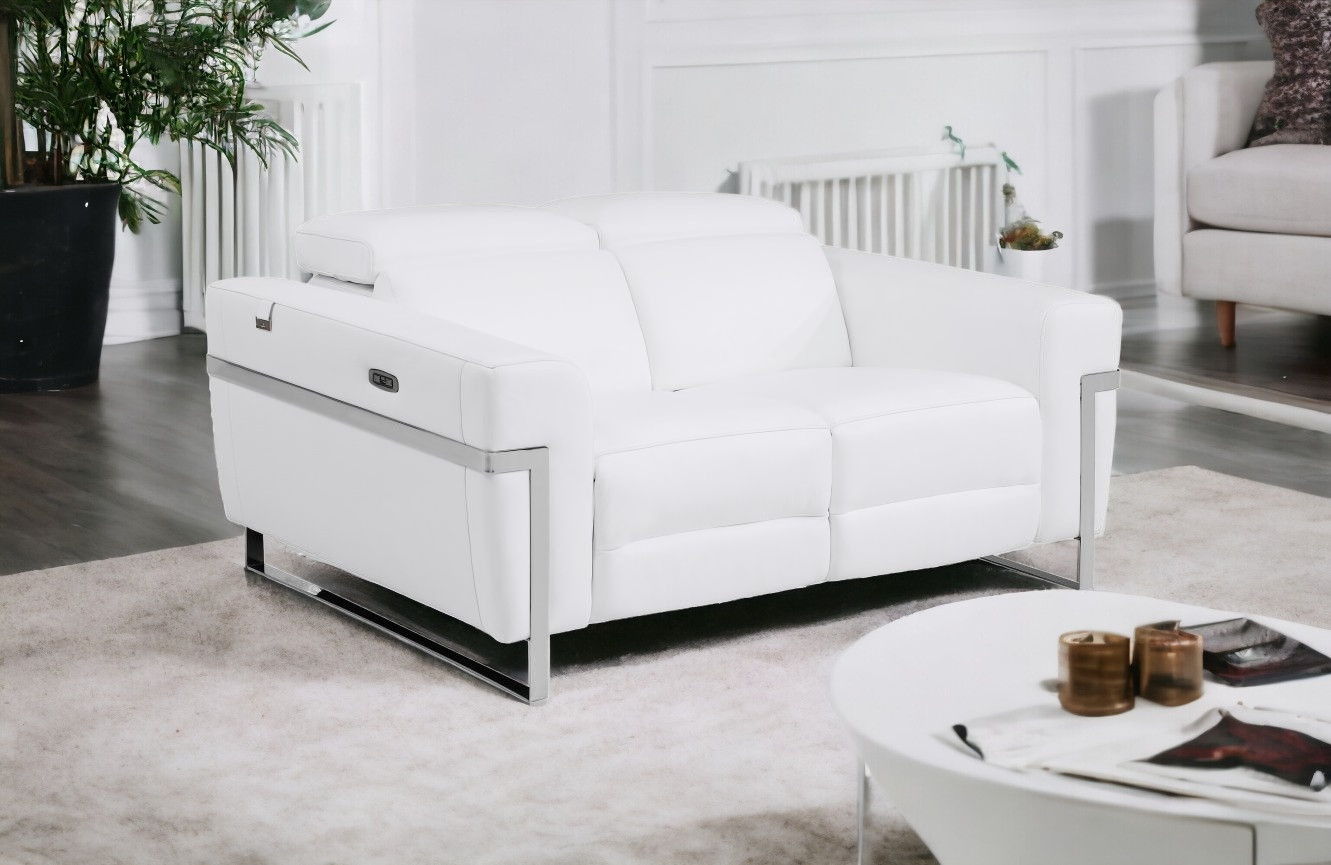 Italian Leather Power Reclining Loveseat - White / Silver