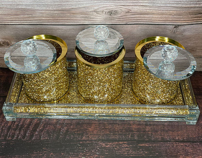 Ambrose Exquisite Tea, Sugar, Coffee Canisters With Tray In Crushed Diamond Glass In Gift Box - Gold