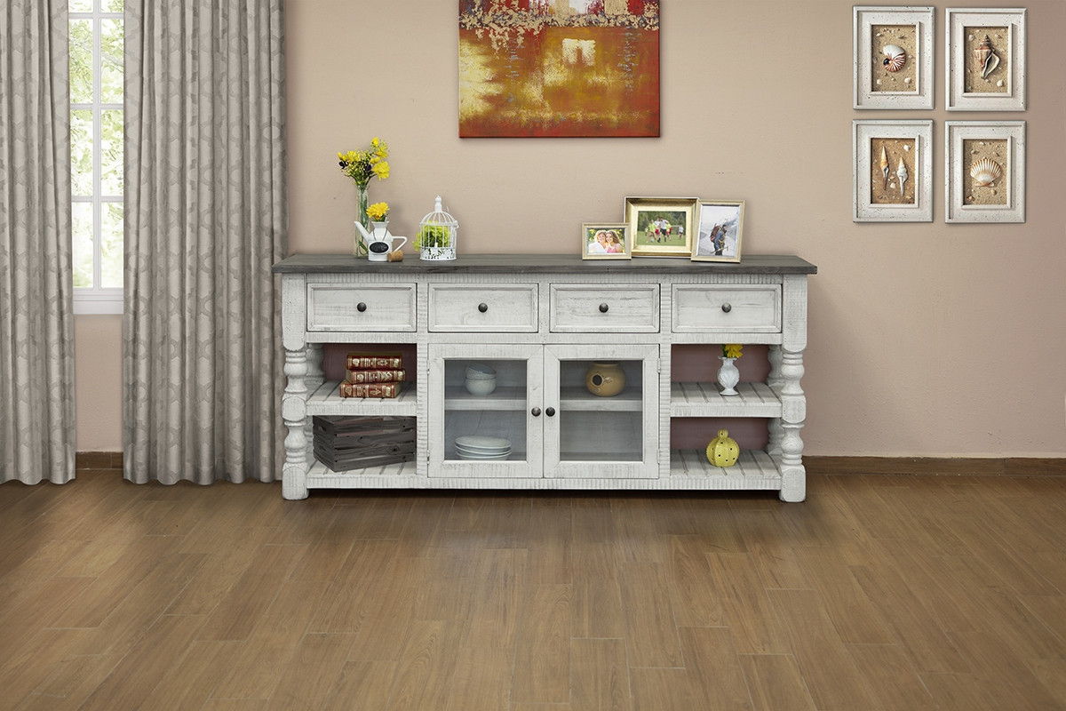 Solid Wood Open Shelving Distressed TV Stand - Ivory