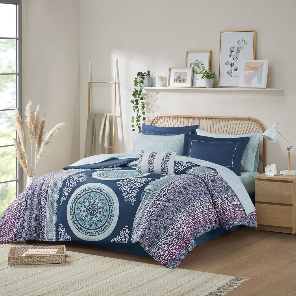 Loretta Twin Boho Comforter Set With Bed Sheets - Blue