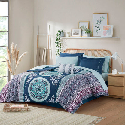 Loretta Twin Boho Comforter Set With Bed Sheets - Blue