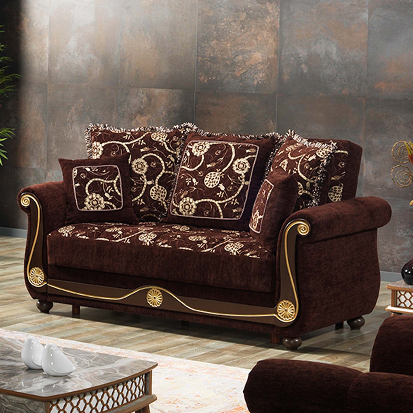 Chenille Futon Convertible Sleeper Love Seat With Storage - Brown Dark Brown