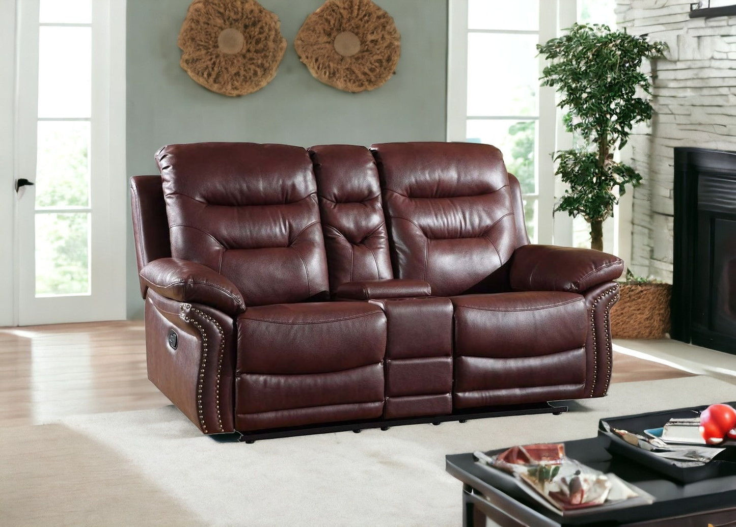 Faux Leather Manual Reclining Loveseat With Storage - Burgundy