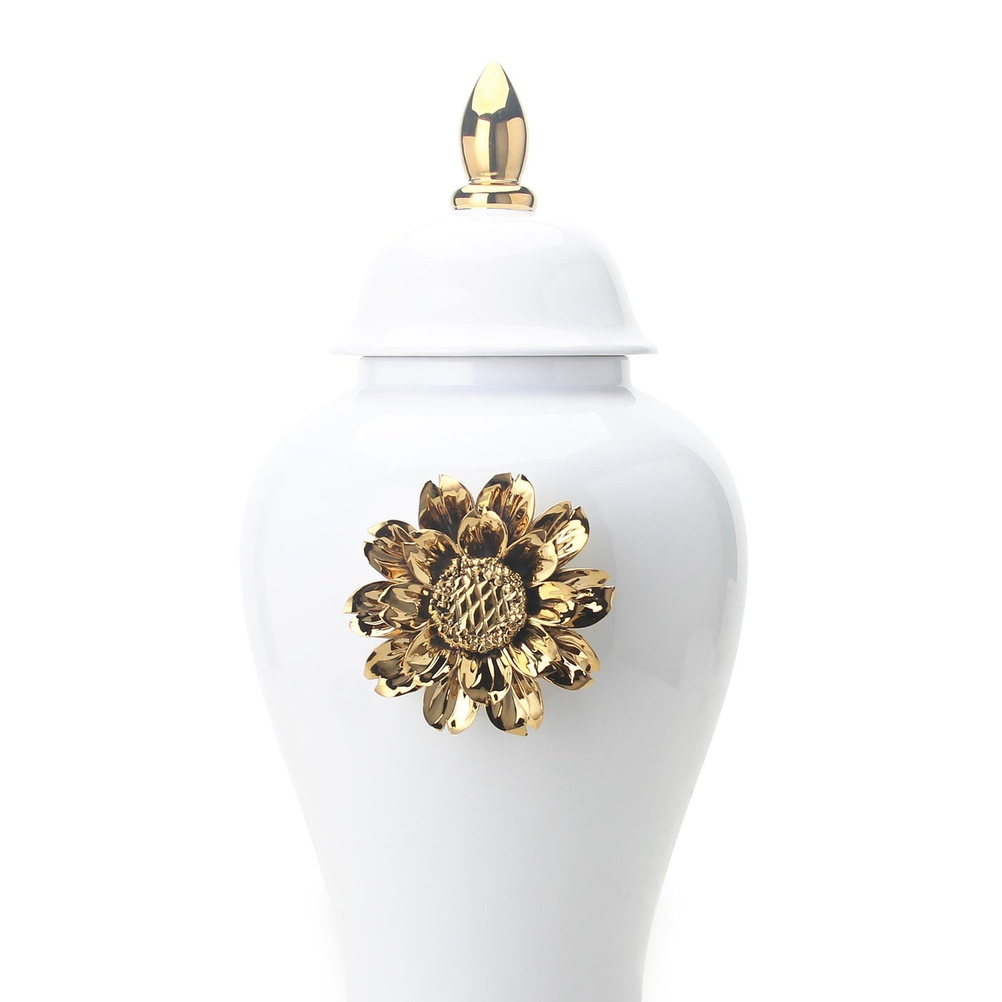 White Ginger Jar With Gilded Flower Timeless Home Decor