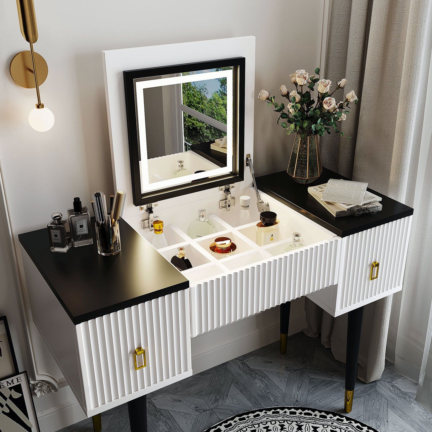 Modern Vanity Table Set With Flip-Top Mirror And Led Light, Dressing Table With Customizable Storage - White / Black