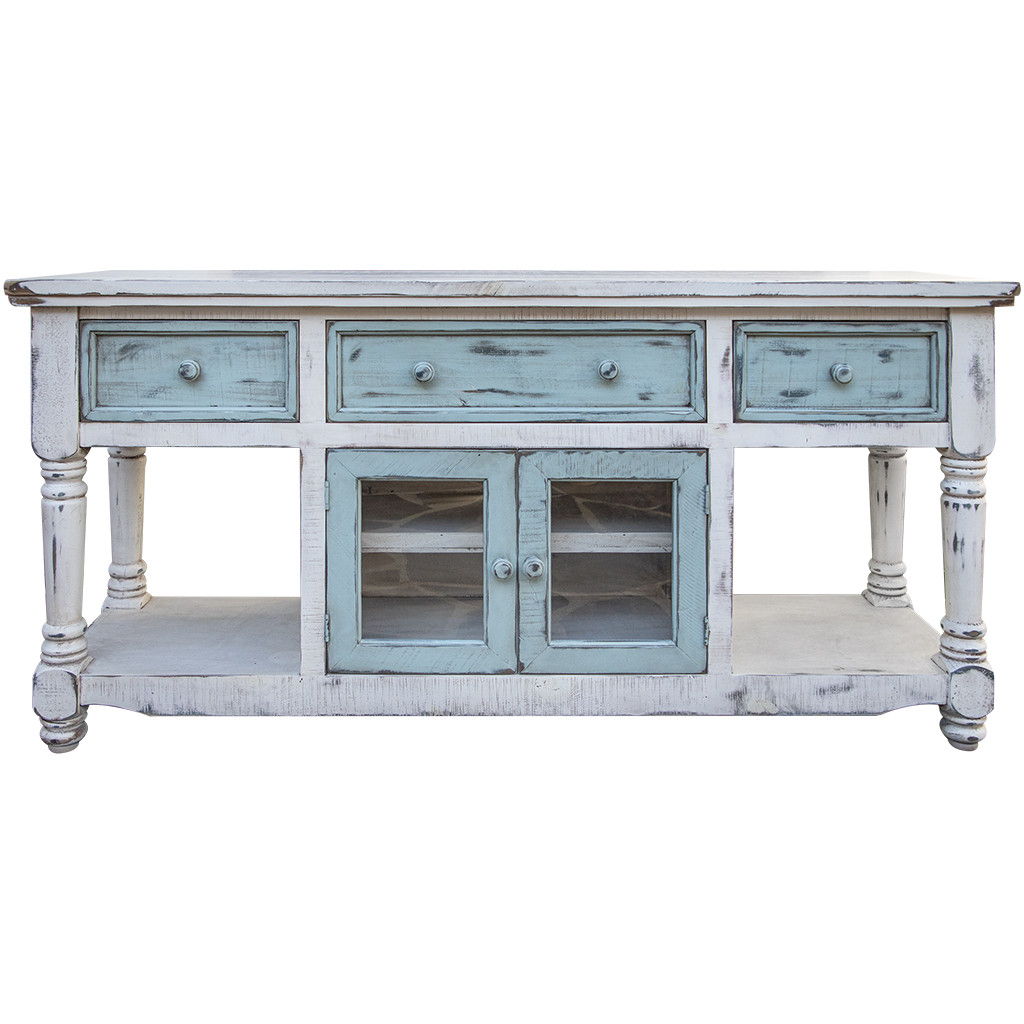 Open Shelving Distressed TV Stand - Blue / White