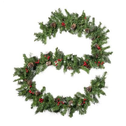 Glitter Bristle Mixed Garland With 15 Red Berry And 15 Pine Cones And With 50 Warm White LED Lights With Timer - Battery Operated - Outdoor, 180