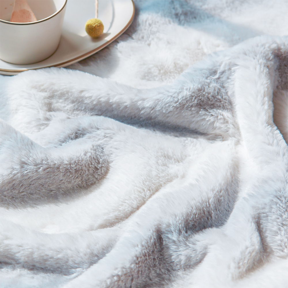 Printed Faux Rabbit Fur Throw, Lightweight Plush Cozy Soft Blanket, 50" X 60", Gray Strip