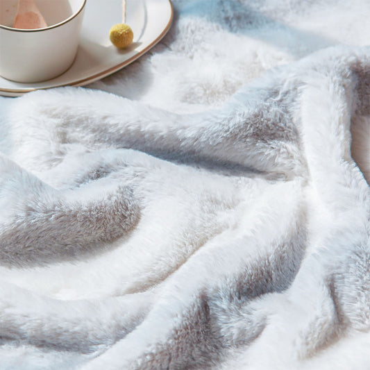 Printed Faux Rabbit Fur Throw, Lightweight Plush Cozy Soft Blanket, 50" X 60", Gray Strip (Set of 2)