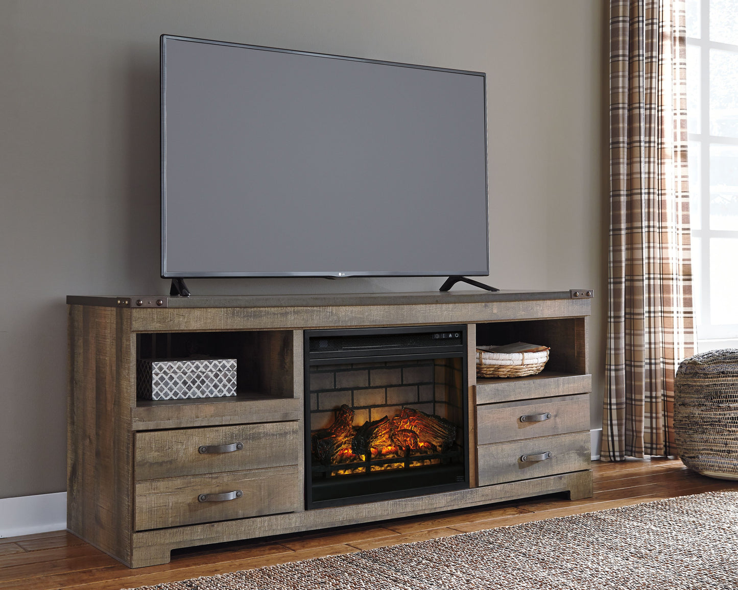 Trinell - Brown - 63" TV Stand With Glass/Stone Fireplace Insert