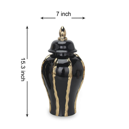 Elegant Black Ceramic Ginger Jar Vase With Gold Accents And Removable Lid - Timeless Home Decor