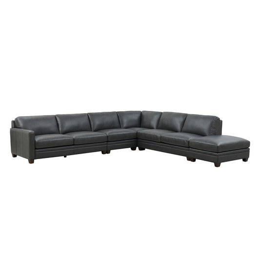 Naples - Top Grain Leather L-Shape 5 Piece Sectional (Right End Ottoman) - Gray