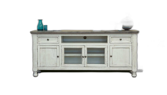 Wood Open Shelving Distressed TV Stand - Ivory