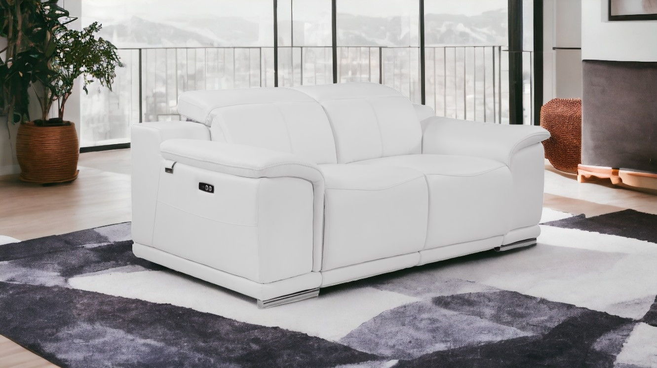 Italian Leather, Power Reclining Loveseat - White / Silver