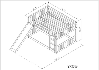 Full over Full Bunk Bed with Slide and Ladder in White Color