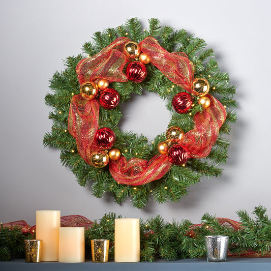 Red / Gold Decoration Wreath With 50 Warm White LED Lights - Battery Operated