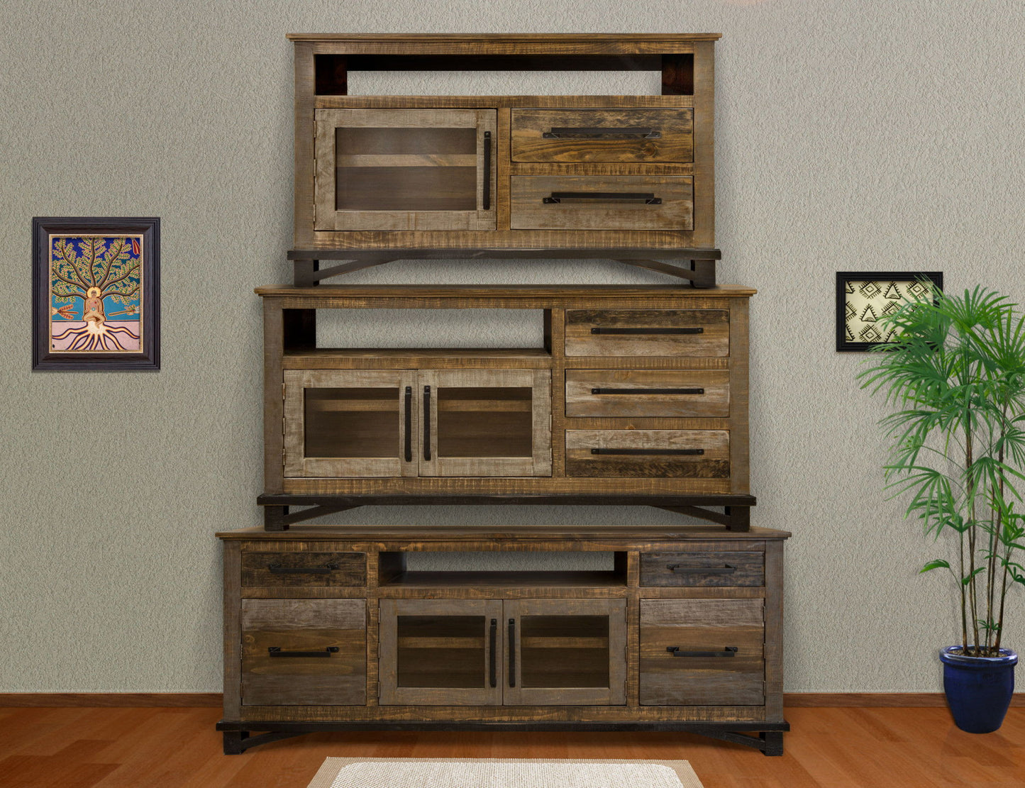 Wood Cabinet Enclosed Storage, Distressed TV Stand - Brown