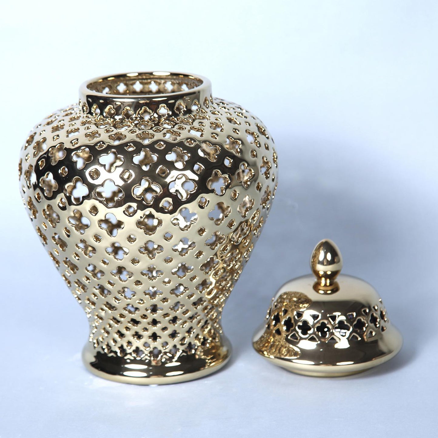 Gold Ceramic Ginger Jar With Decorative Design