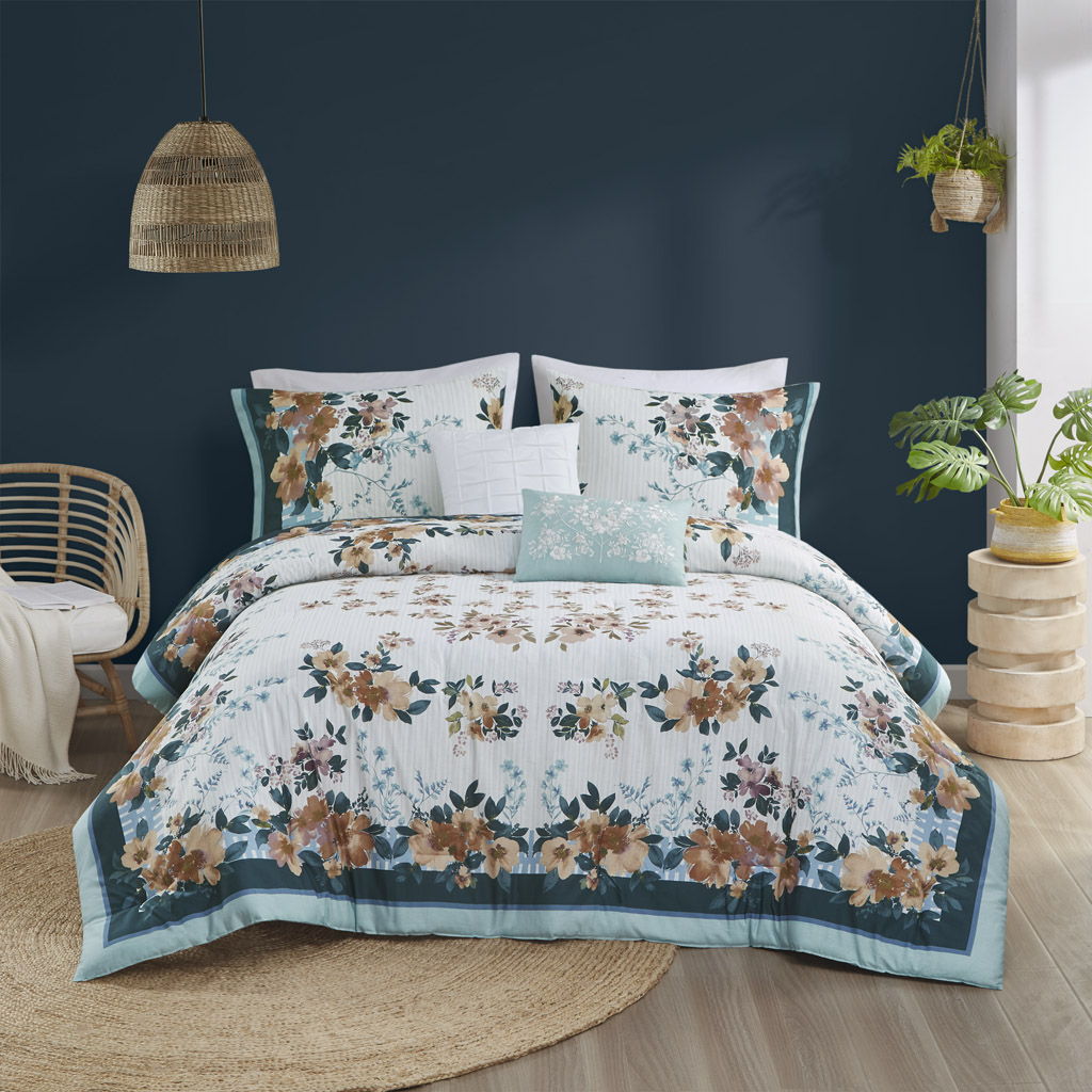 5 Piece Cotton Floral Comforter Set With Throw Pillows - Teal