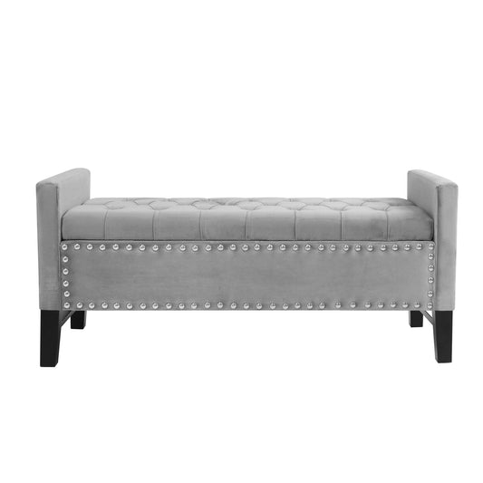 Upholstered Velvet Bench With Flip Top - Light Gray / Black