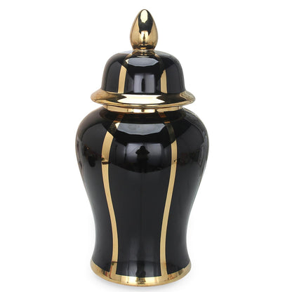 Black Linear Gilded Ginger Jar With Removable Lid