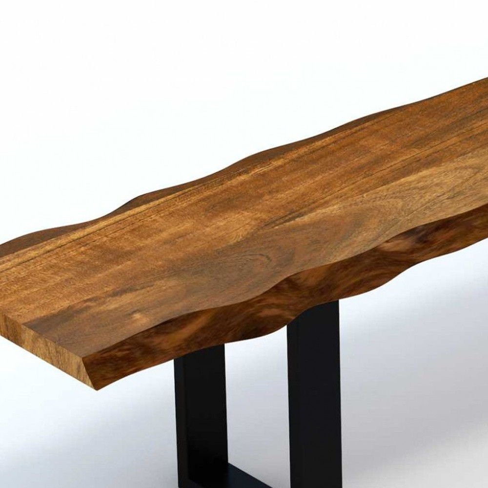 Live Edge Acacia Wood Dining Bench With Black Metal Legs - Brown