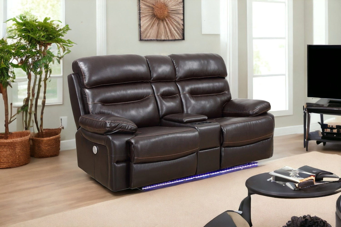 Faux Leather Power Reclining Love Seat With Storage - Brown